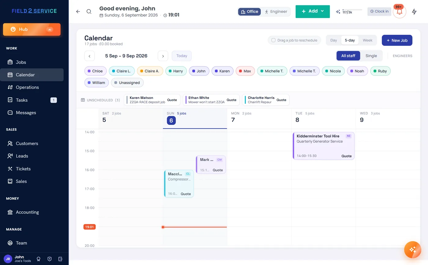 Month calendar populated with scheduled jobs