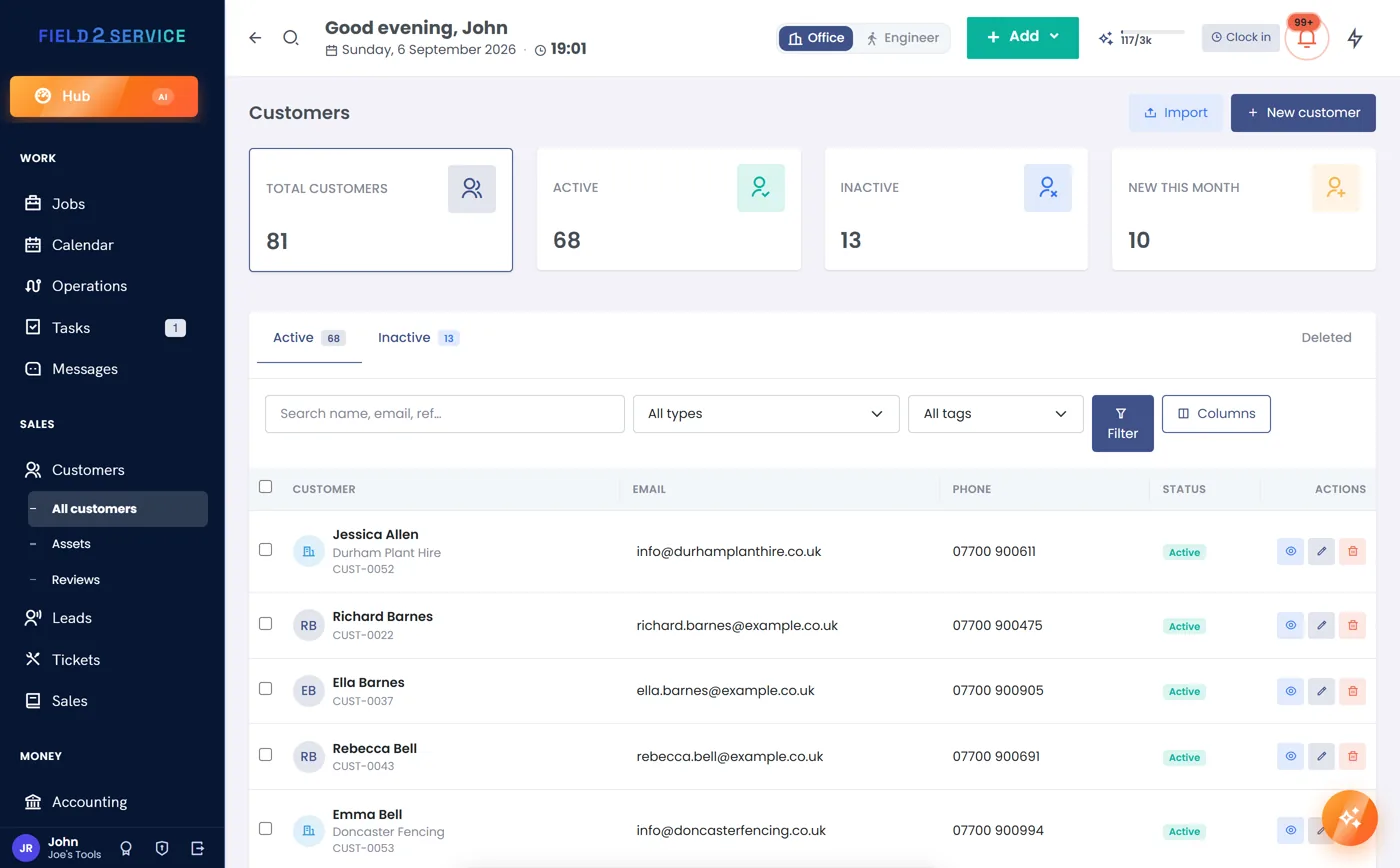 Customer list with statuses and contact details