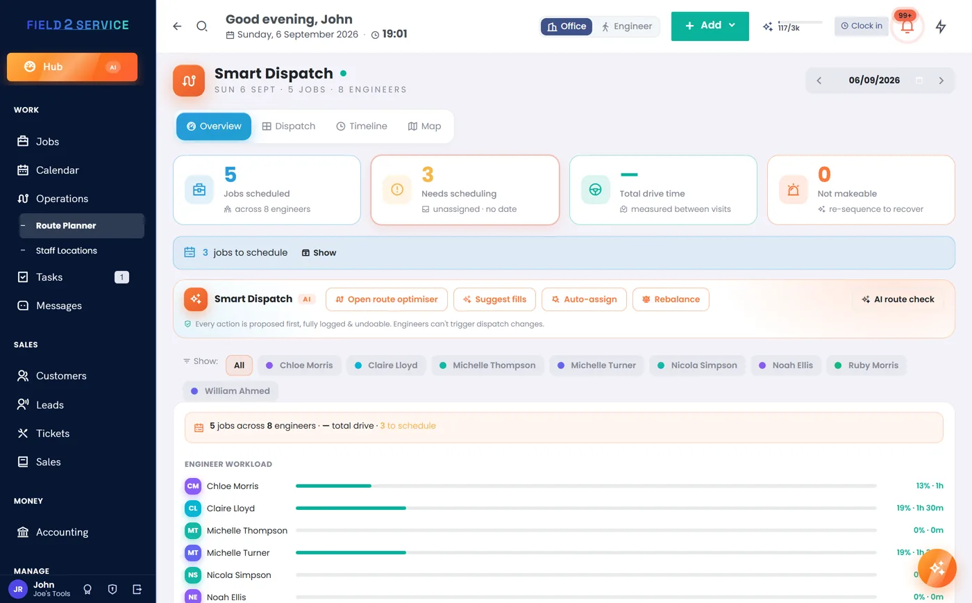 Smart Dispatch board with jobs per engineer