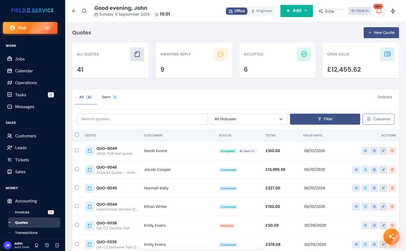 Quote editor showing ex-VAT, rate and inc-VAT pricing